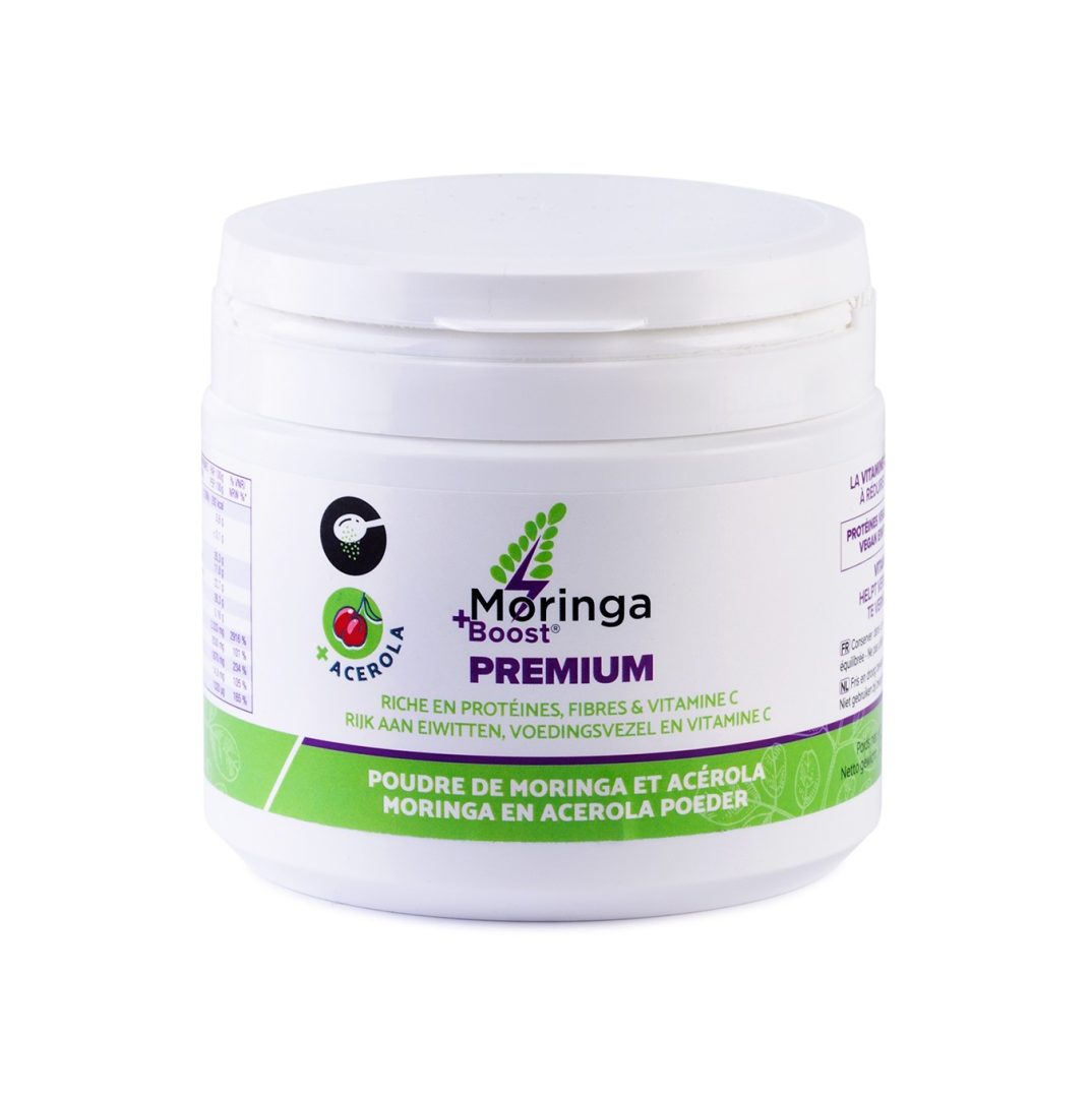 Jar of pure Moringa Oleifera leaf powder + Acerola Moringa+Boost PREMIUM